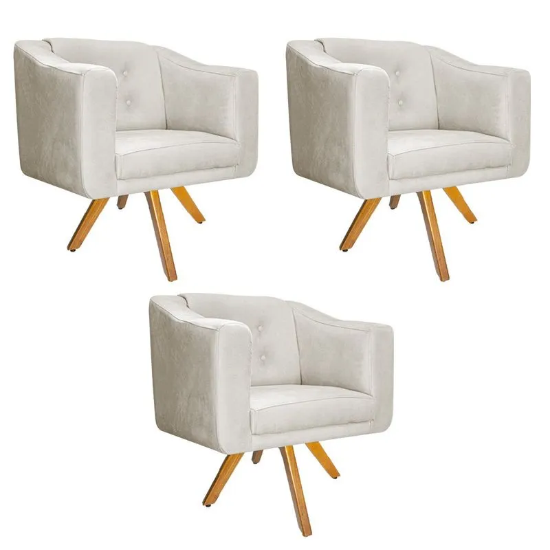 kit 03 Poltronas Larissa Base Giratória de Madeira Suede Bege - ADJ Decor