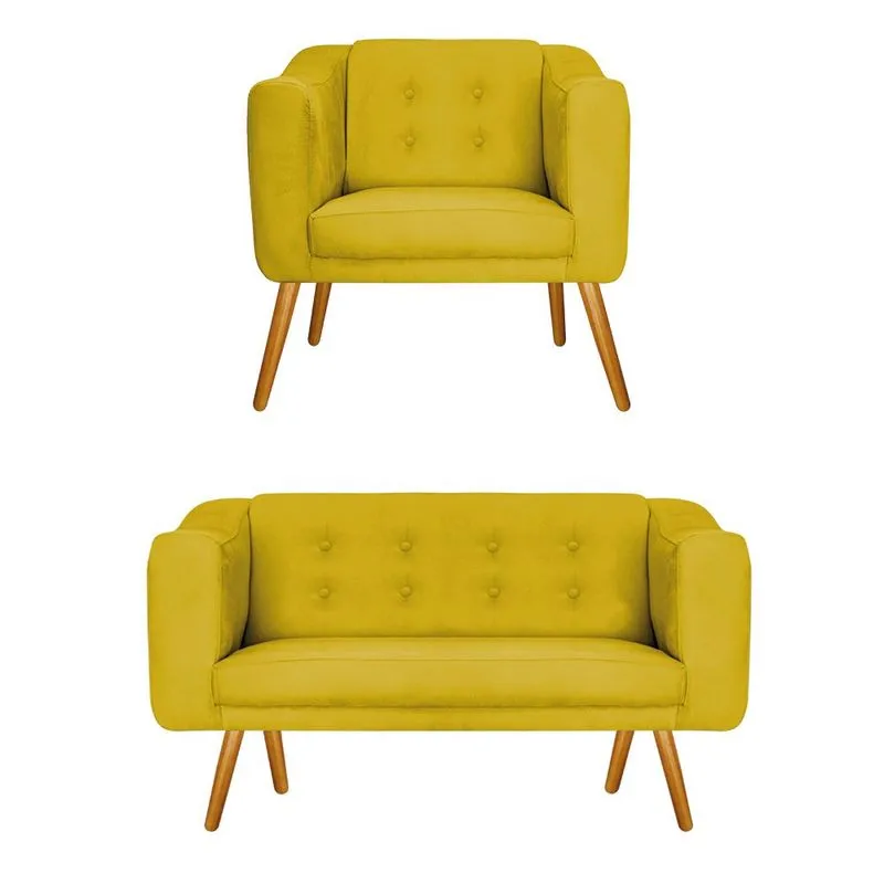 Kit Namoradeira e Poltrona Larissa Palito Mel Suede Amarelo - adj Decor