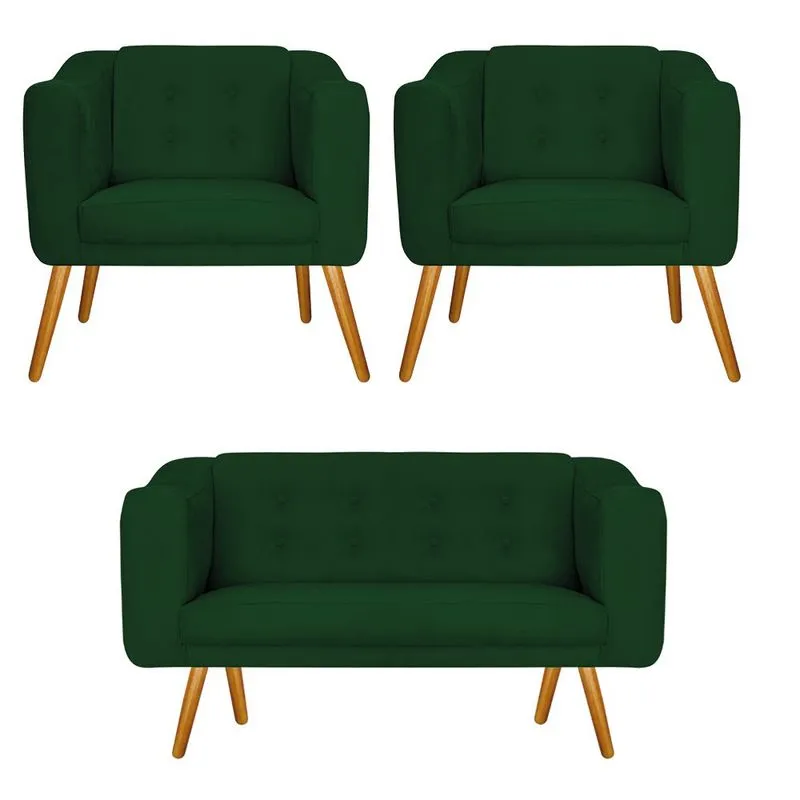 Kit Namoradeira e 02 Poltronas Larissa Palito Mel Suede Verde - adj Decor