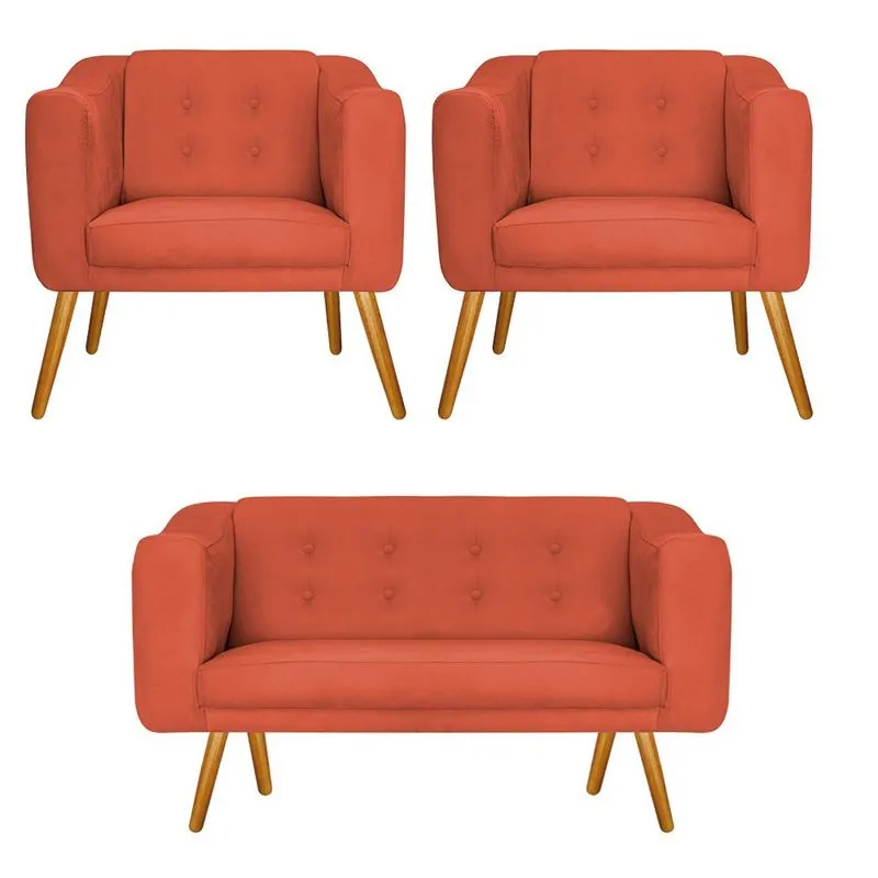 Kit Namoradeira e 02 Poltronas Larissa Palito Mel Suede Terracota - adj Decor