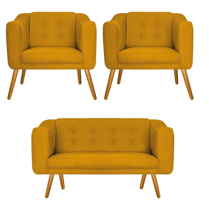 Kit Namoradeira e 02 Poltronas Larissa Palito Mel Suede Mostarda - adj Decor