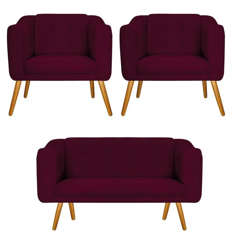 Kit Namoradeira e 02 Poltronas Larissa Palito Mel Suede Bordô - adj Decor