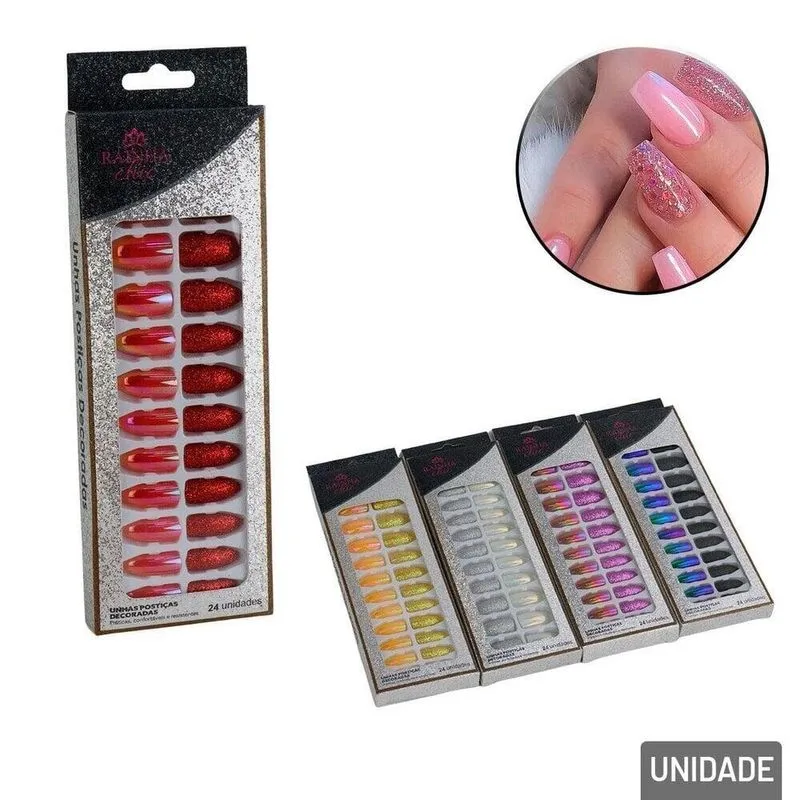 Unhas Postiças 24 Peças Decorada Color - Tudo Em Caixa