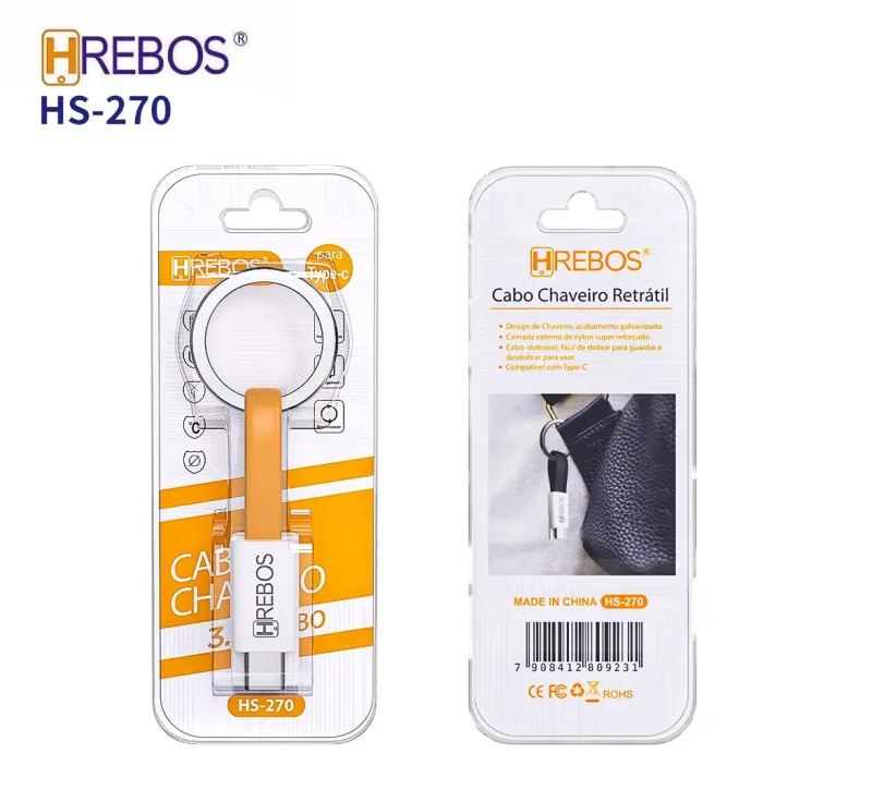 Cabo Chaveiro Retrátil USB Tipo C Turbo 3.1A Hrebos HS-270