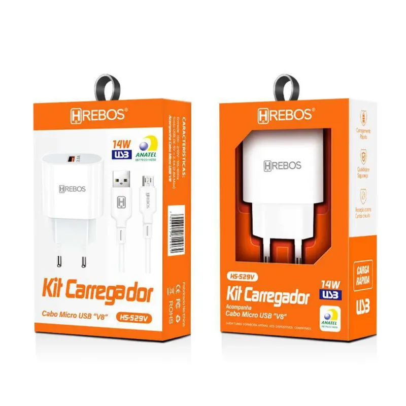 Kit Carregador Turbo USB + Cabo Micro USB V8 14W HREBOS CRG-129V