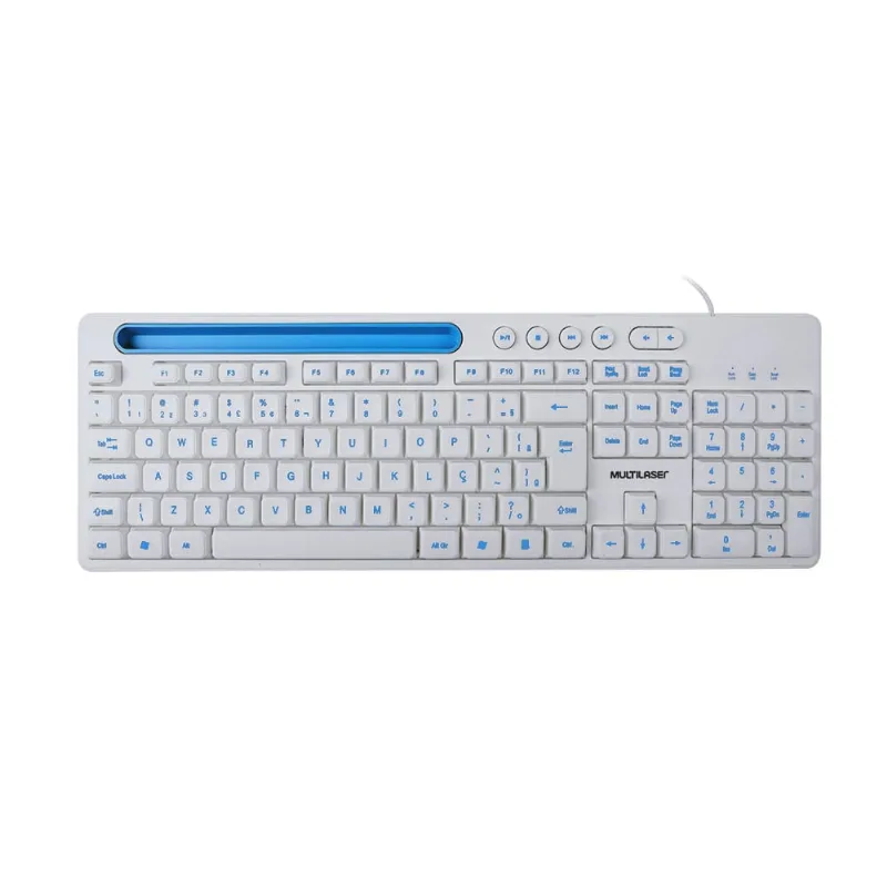 Teclado Com Fio Slot Conexão USB Cabo de 130cm Teclas Multimídia Slot p/ Tablet até 10" Branco - TC263 TC263
