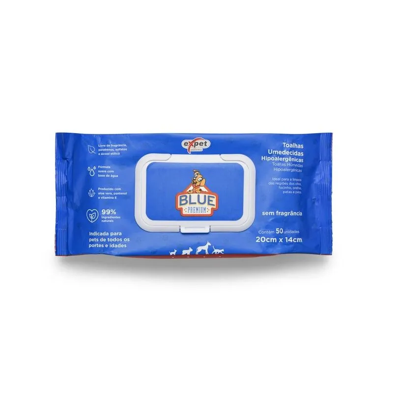 Toalha Umedecida Hipoalergênica Para Pet 50 Unidades Blue Mimo - PP013
