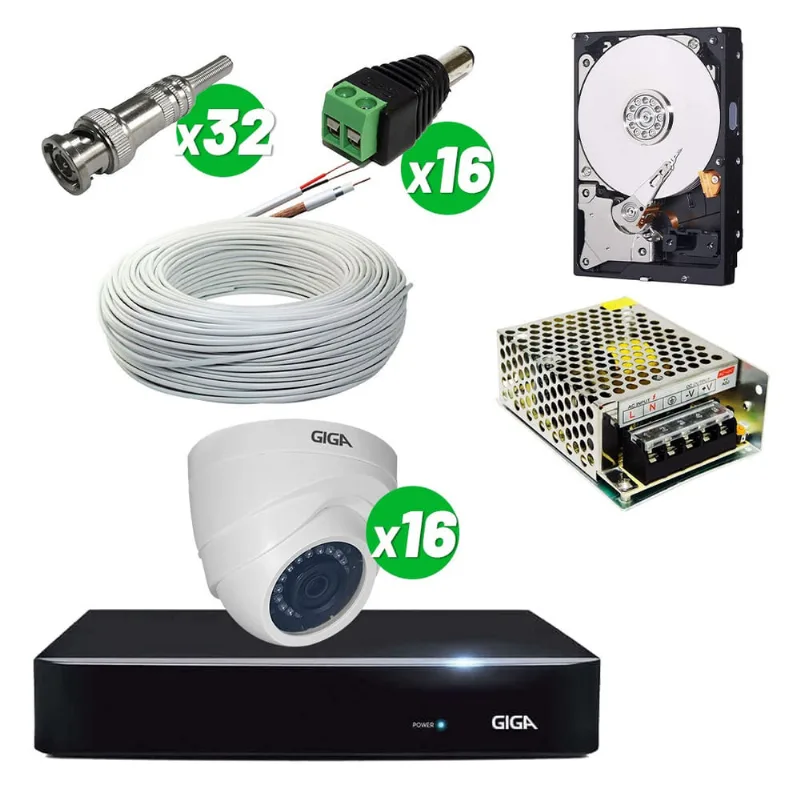 Kit Cftv C/16 Câmeras 3.6mm Dvr 16 Canais 1080p Open Hd Giga