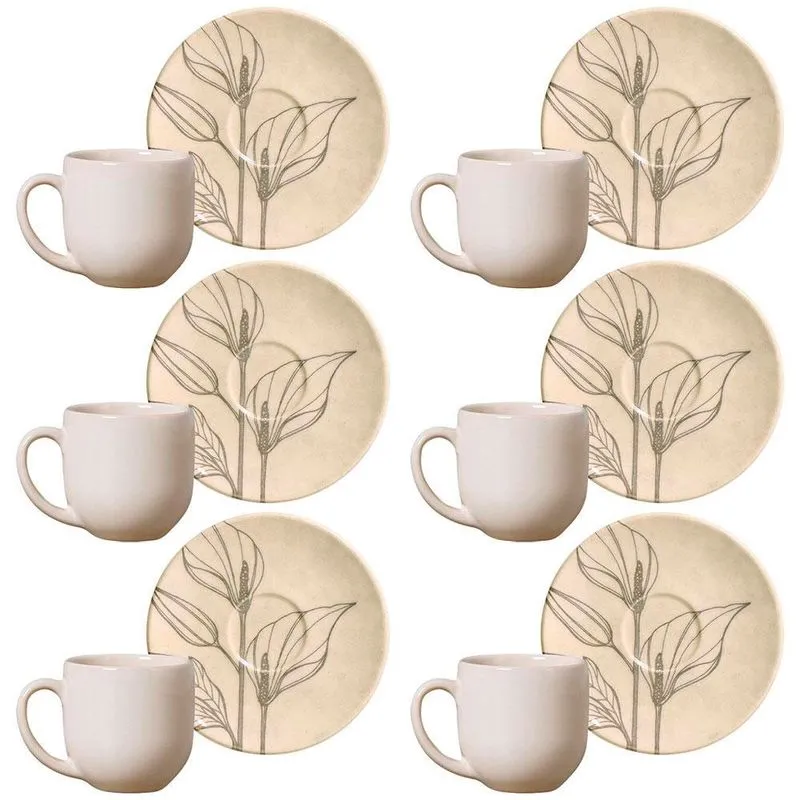 Conjunto Com 6 Xícaras E Pires Para Café Porto Brasil Coup Bloom Em Cerâmica Feldspática Off-white - 112ml