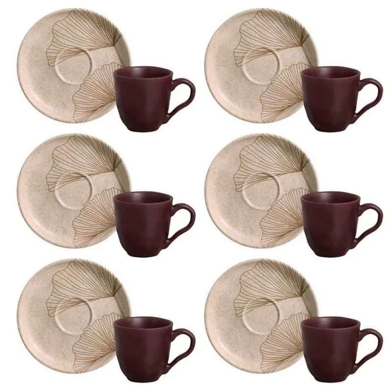 Conjunto com 6 Xícaras e Pires para Café Porto Brasil Bio Vida em Stoneware - 120 ml Cinza