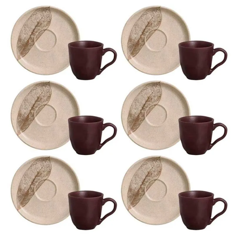 Conjunto com 6 Xícaras e Pires para Café Porto Brasil Bio Outono em Stoneware - 120 ml Cinza