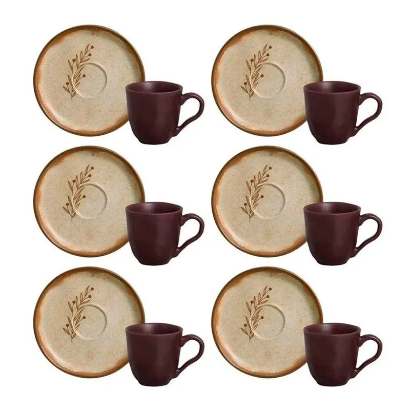 Conjunto com 6 Xícaras e Pires para Café Porto Brasil Bio Nativa em Stoneware - 120 ml Cinza