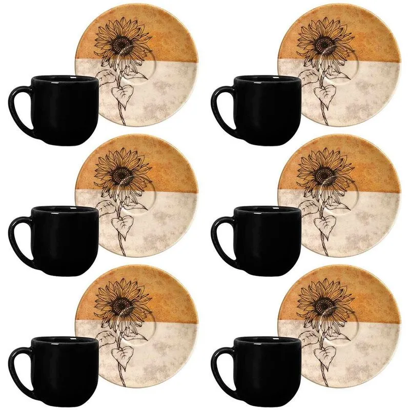 Conjunto Com 6 Xícaras E Pires Para Café Porto Brasil Coup Soleil Em Cerâmica Feldspática 112ml