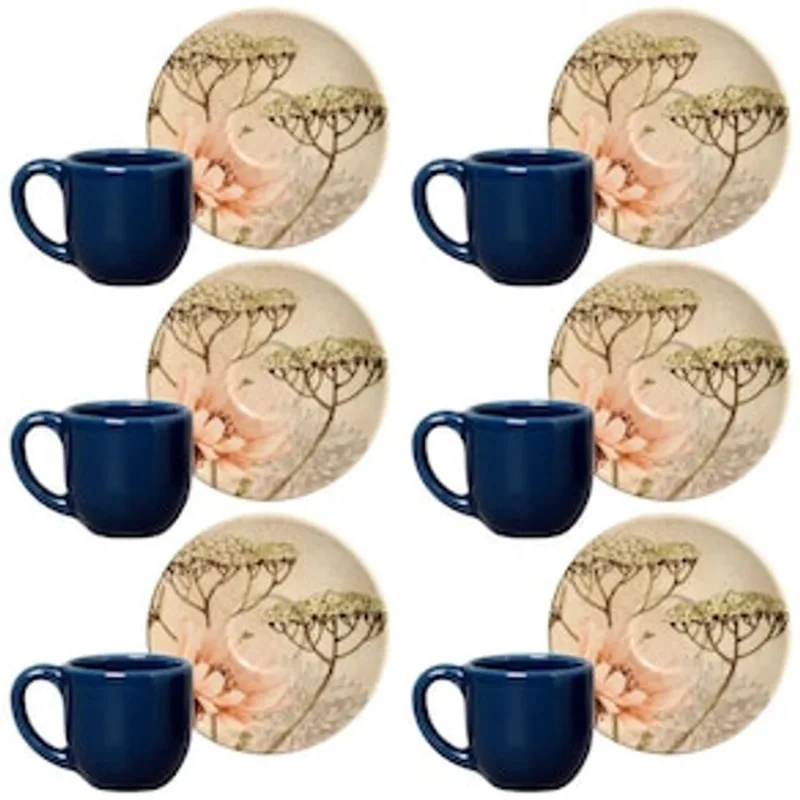 Conjunto com 6 Xícaras e Pires para Café Porto Brasil Coup Bloemen em Cerâmica Feldspática Off-White