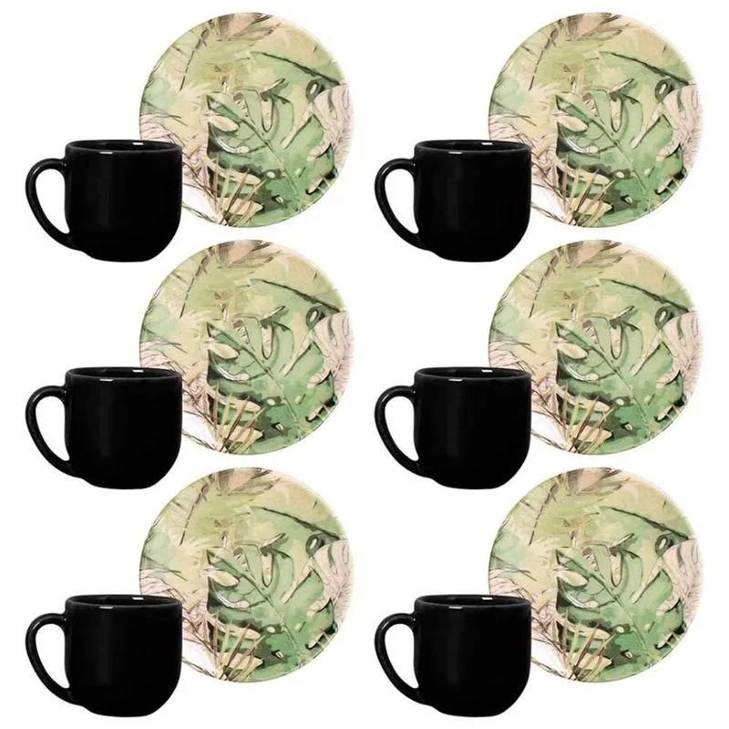 Conjunto com 6 Xícaras e Pires para Café Porto Brasil Platinum Coup Exótica em Cerâmica Feldspática - 112 ml Preto com Verde