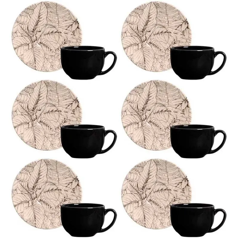 Conjunto com 6 Xícaras e Pires para Chá Porto Brasil Platinum Coup Exótica em Cerâmica Feldspática - 260 ml Preto com Branco