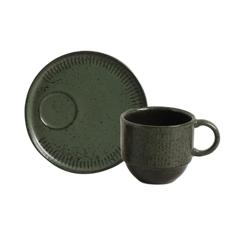 Conjunto com 6 Xícaras de Chá Empilhável com 6 Pires Linhas Greenery 230ml