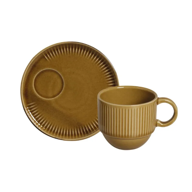 Conjunto com 6 Xícaras de Chá Empilhável com 6 Pires Linhas Âmbar 230ml