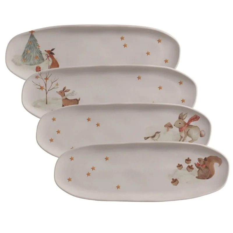 Kit com 4 Travessas Oval Rasa Grande Orgânico Christmas Card 36x13cm