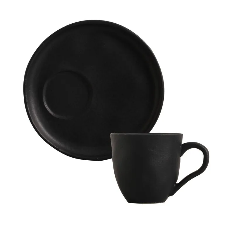 Conjunto com 6 Xícaras De Chá com 6 Pires Descentralizado Preto Matte 170ml