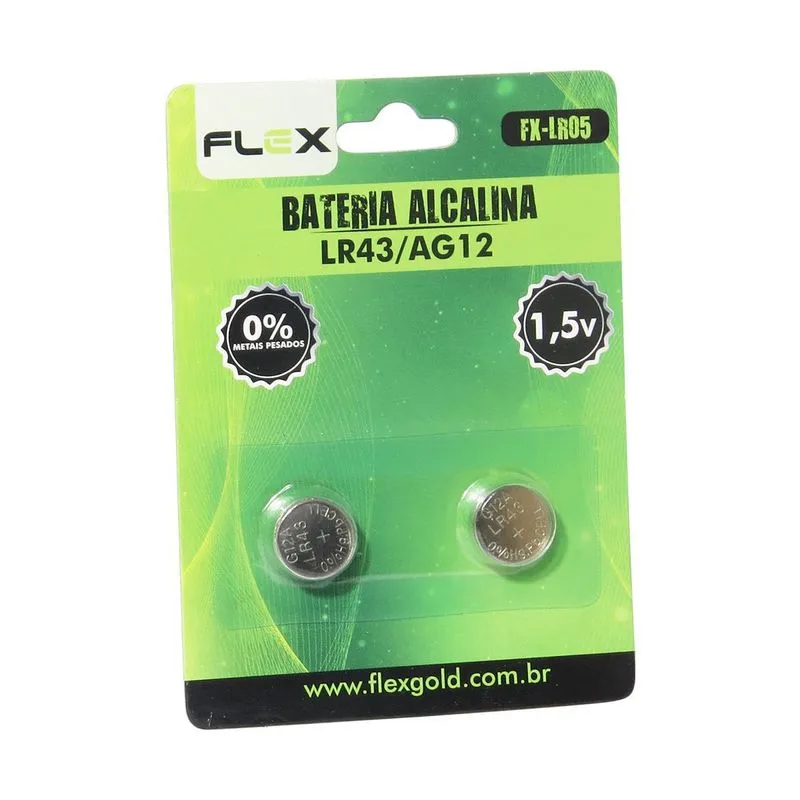 Pilha Alcalina Lr43 / Ag12 1.5v Blister Com 2 Pçs Flex Fxlr05