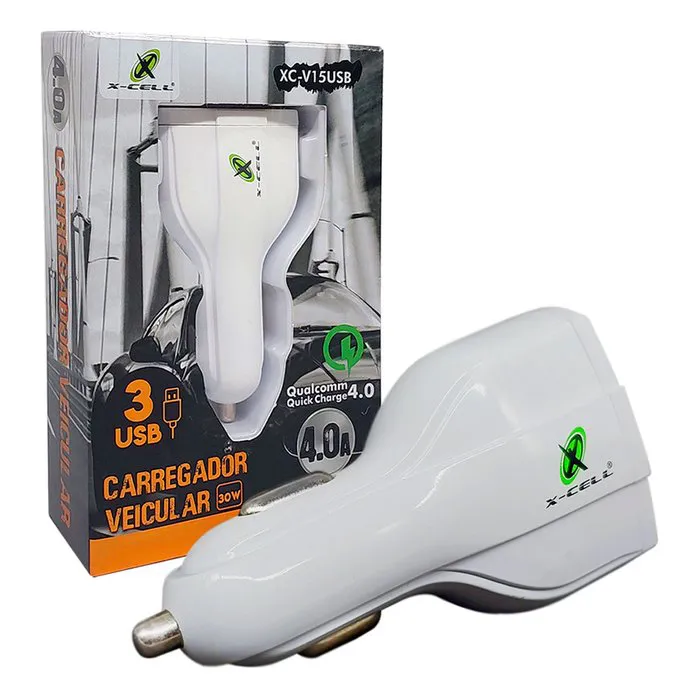 Carregador Veicular X-Cell, 4.0A, 3 USB Quick Charge 4.0, Branco - XC-V15USB - Primex - Distribuição de Produtos de Tecnologia para Empresas