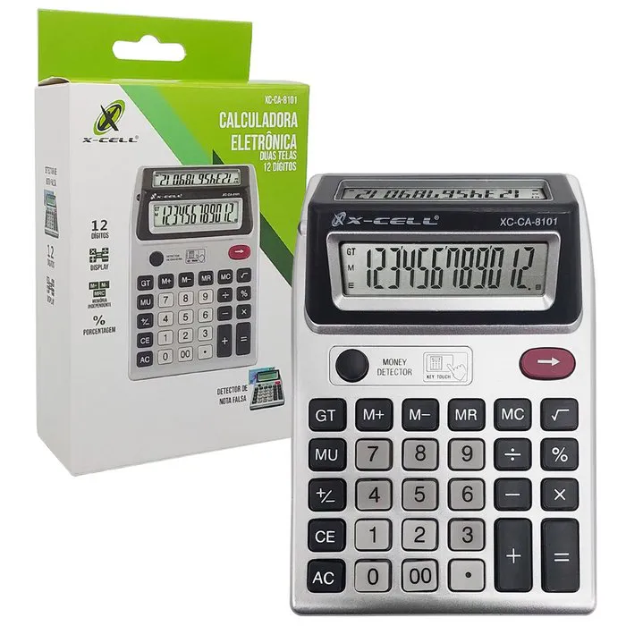 Calculadora Eletrônica X-Cell, 12 Dígitos, Visor Duplo, Detector de Notas Falsas - XC-CA-8101 - Primex - Distribuição de Produtos de Tecnologia para Empresas