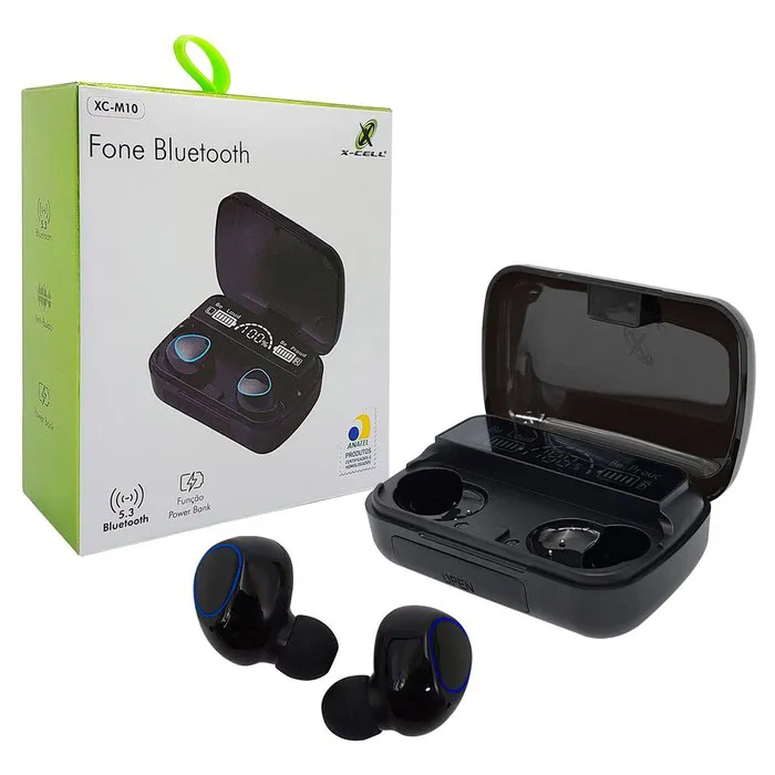 Fone Bluetooth 5.3 X-Cell, Função Power Bank 800mAh, Visor Digital, USB-C, Preto- XC-M10 - Primex - Distribuição de Produtos de Tecnologia para Empresas