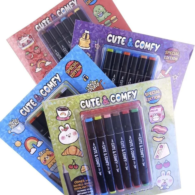 Kit 6 Canetas Ponta Fina/grossa + Livro Colorir Cute &amp; Comfy