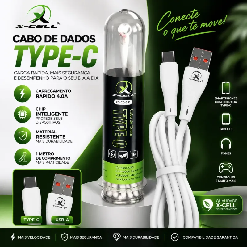 Cabo Carregador e Dados Tipo-C 4.0A com 1 Metro da X-Cell XC-CD-151