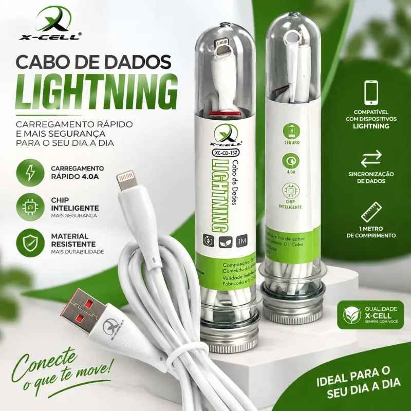 Cabo Carregador e Dados Lightning p iPhone 4.0A 1m X-Cell XC-CD-152