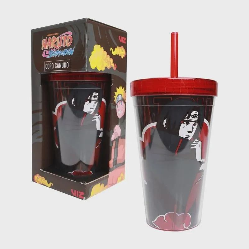 Copo Canudo Itachi Uchiha Akatsuki Preto Vermelho 450ML Oficial Naruto viz