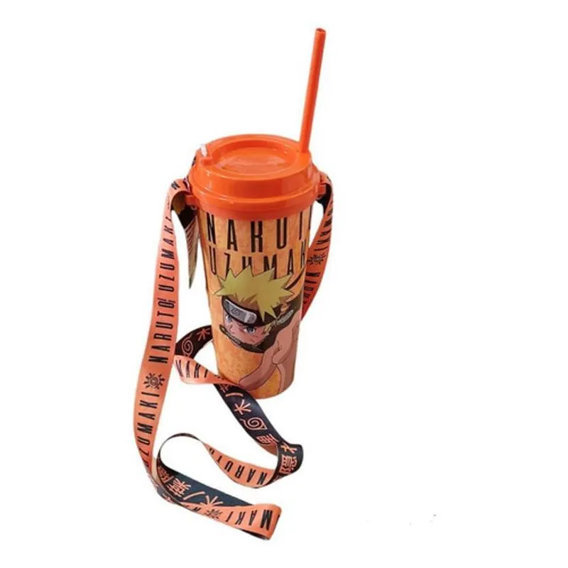 Copo Com Canudo Fita Cordão Naruto Uzumaki 1000Ml - Laranja