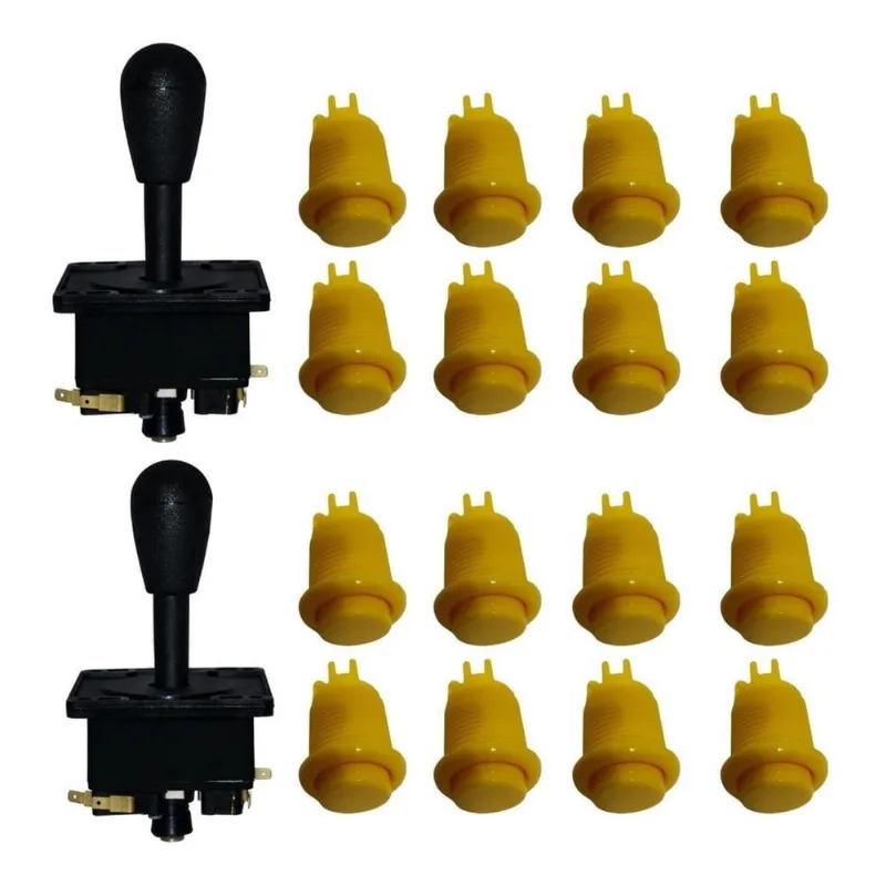 Kit Arcade 16 Botões Amarelos E 2 Comandos Pretos Fliperema
