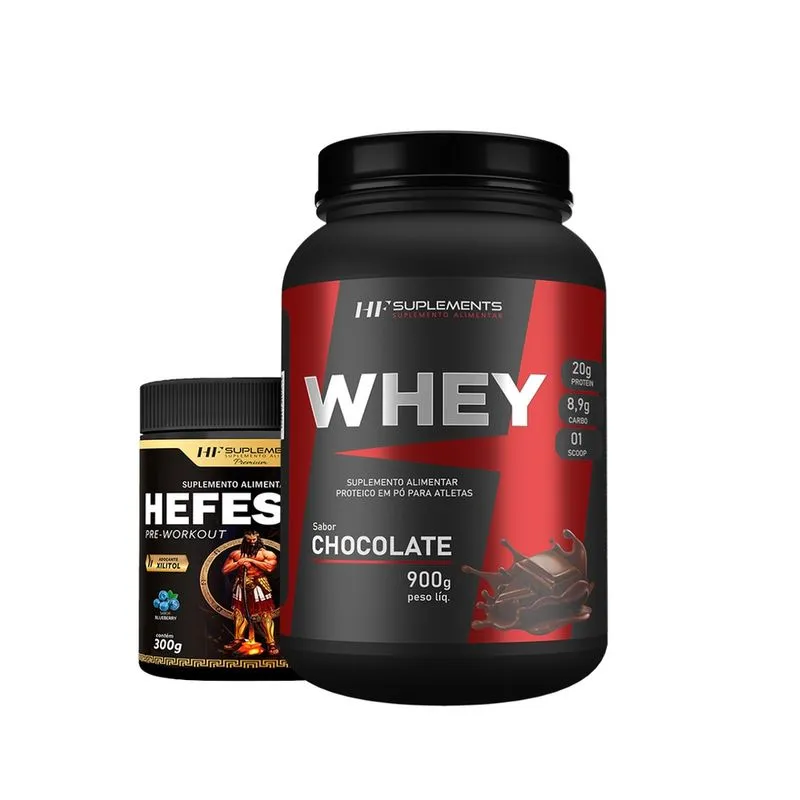 Whey protein chocolate 900G + pré treino hefestus blueberry