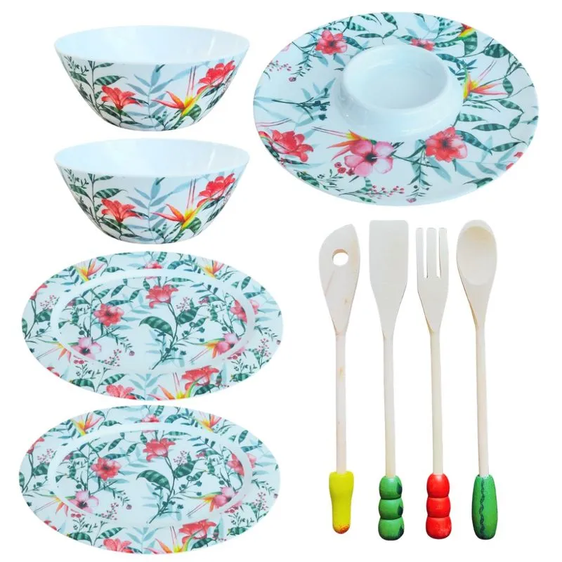 Jogo Para Servir a Mesa 9 Peças Amazônia Garden Madeira Melamina Super Saldão