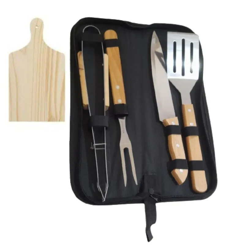 Kit Churrasco 4 Peças Com Estojo + Tabua Para Carne