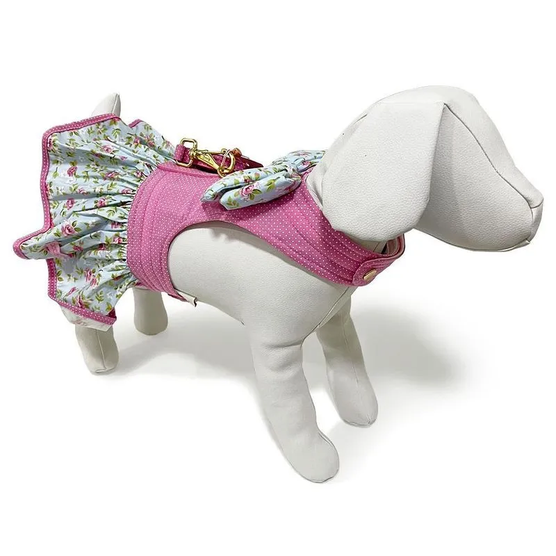 Roupinha Cães Vestido Laço E Guia Floral Romantic Rosa M