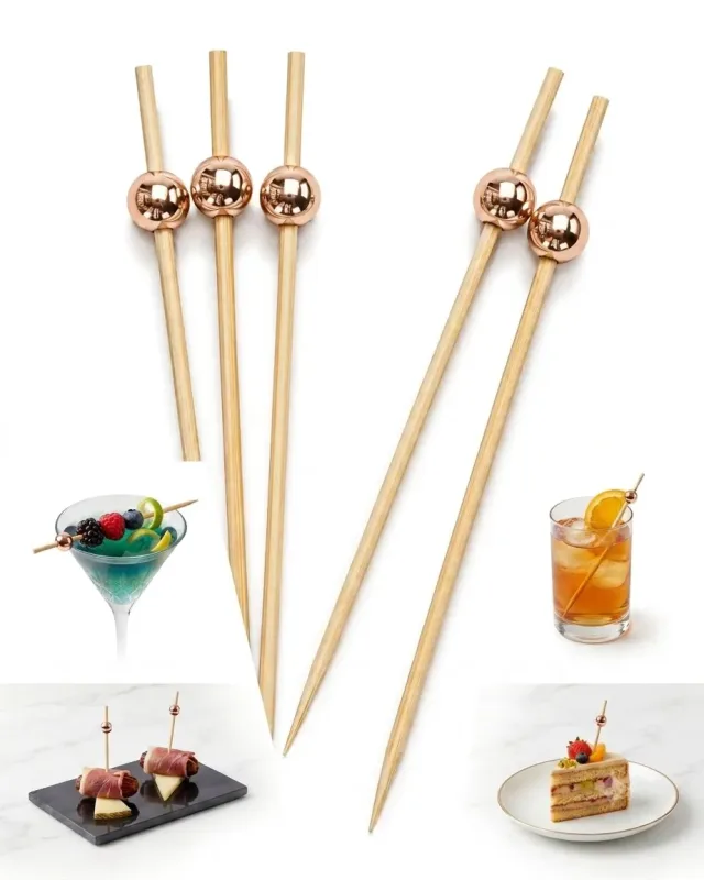Kit 100 Palitinhos Bambu 12cm Perola Rose Gold Para Finger Food