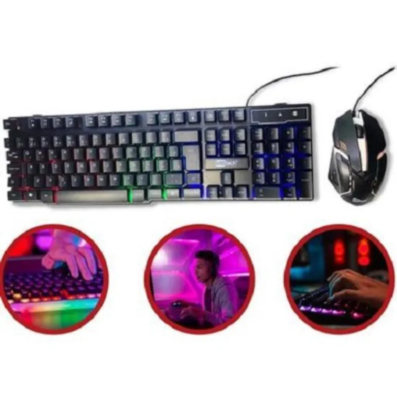 Kit Teclado E Mouse Gamer Rgb Preto Multimídia Usb Pc Led