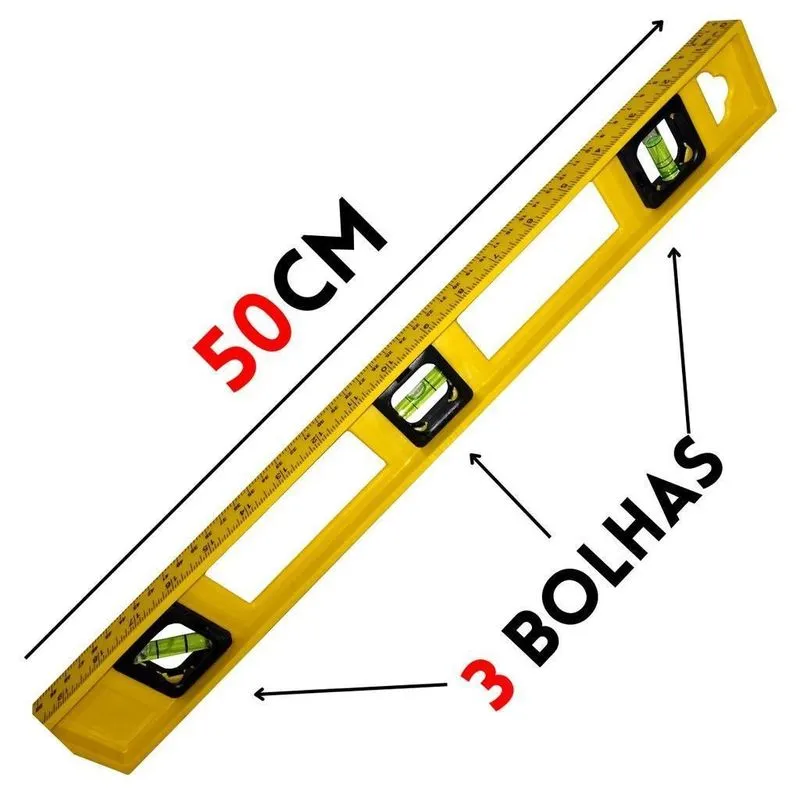 Nível De Mão Nivelador Pedreiro Resina 3 Bolhas Régua 50cm