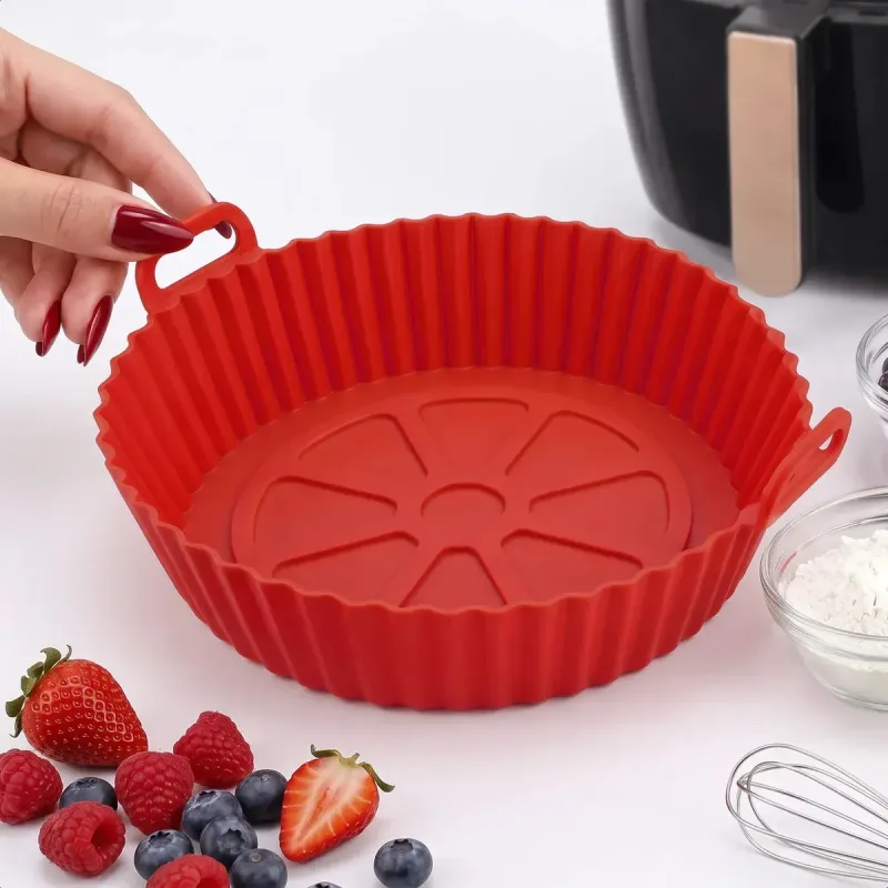 Forma Silicone Air Fryer 18cm Redonda Reutilizável Com Alças