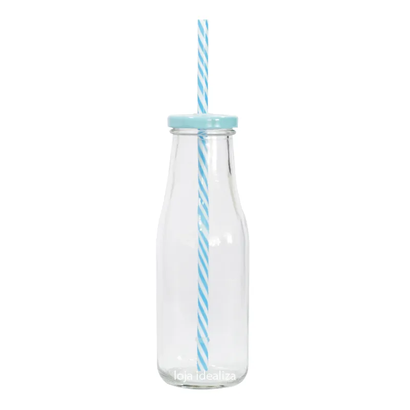 1 Garrafa Copo Vidro Suco Drink Shake Tampa Canudo 450ml