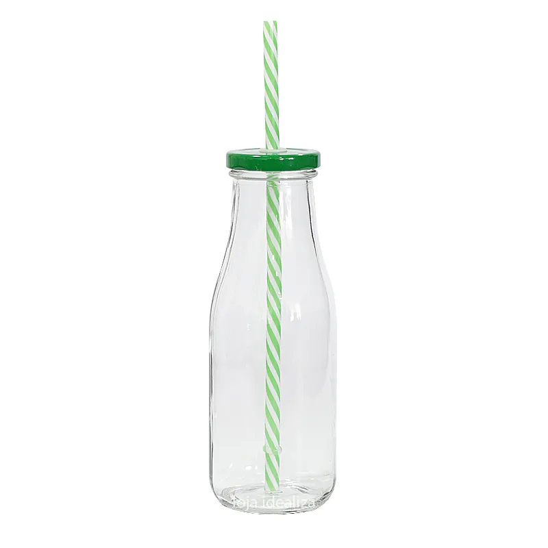 1 Garrafa Copo Vidro Suco Drink Shake Tampa Canudo 450ml