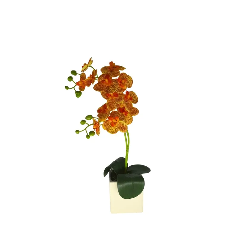 Arranjo Orquídeas Artificiais Laranja Mesclado Vaso Cerâmica