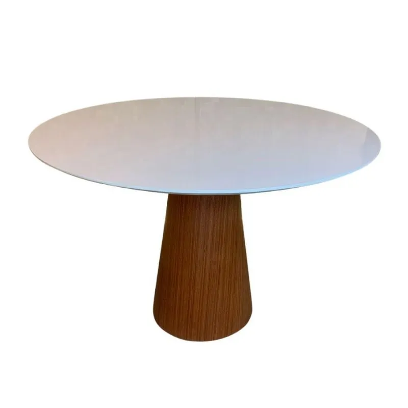Mesa Cone 100cm Base Madeira Natural Mogno e Tampo Branco