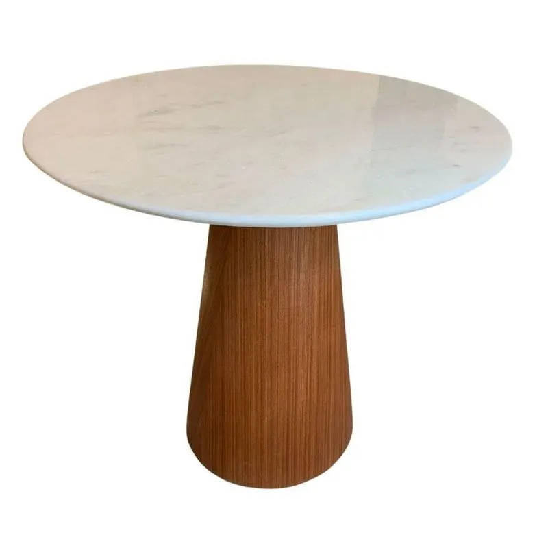 Mesa De Jantar Cone 80cm Base Madeira Natural Mogno E Tampo Mármore Branco Extra Branco