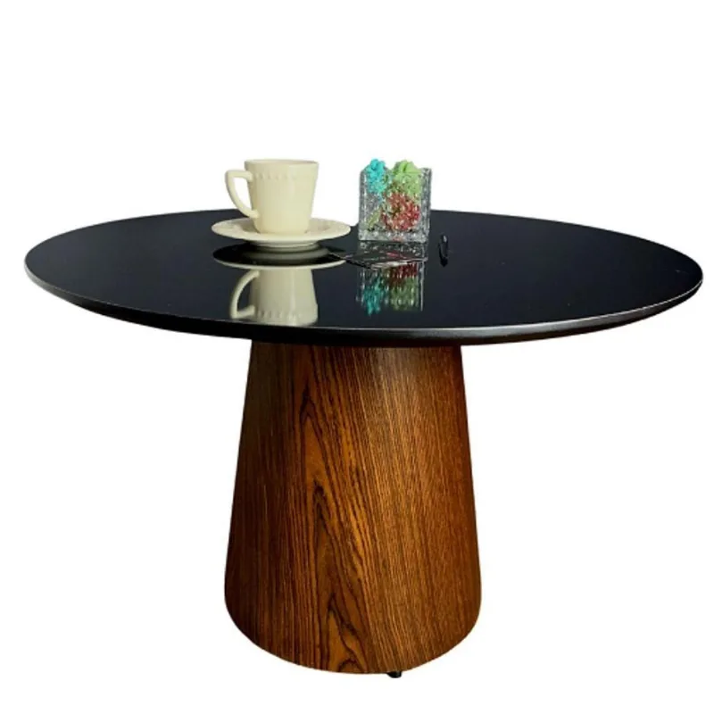 Mesa De Centro Cone Tampo 70cm Em Mdf Laqueado E Base Em Madeira Natural Pau Ferro Preto