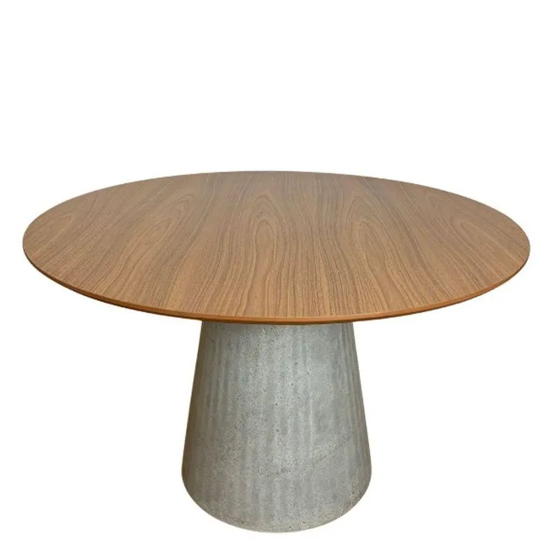 Mesa De Jantar Cone Redonda 100 Cm Base Cimento Concreto Tampo Freijó