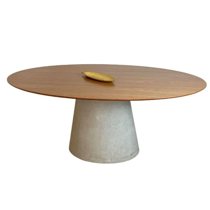 Mesa De Jantar Cone Oval 244x137 Cm Base Cimento Concreto Tampo Freijó
